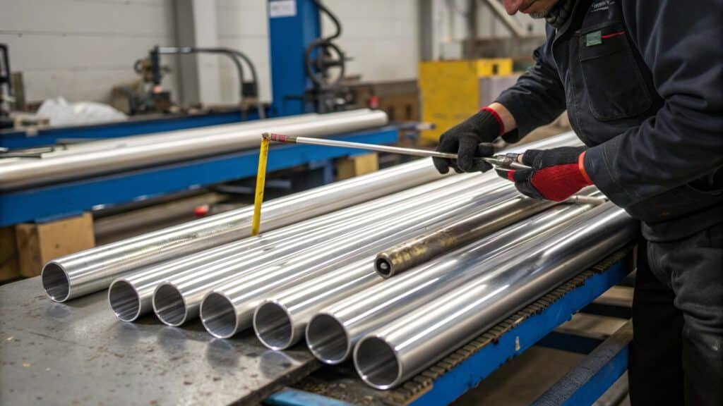 A tube bender successfully bending a piece of aluminum tubing into a smooth curve without any visible defects.